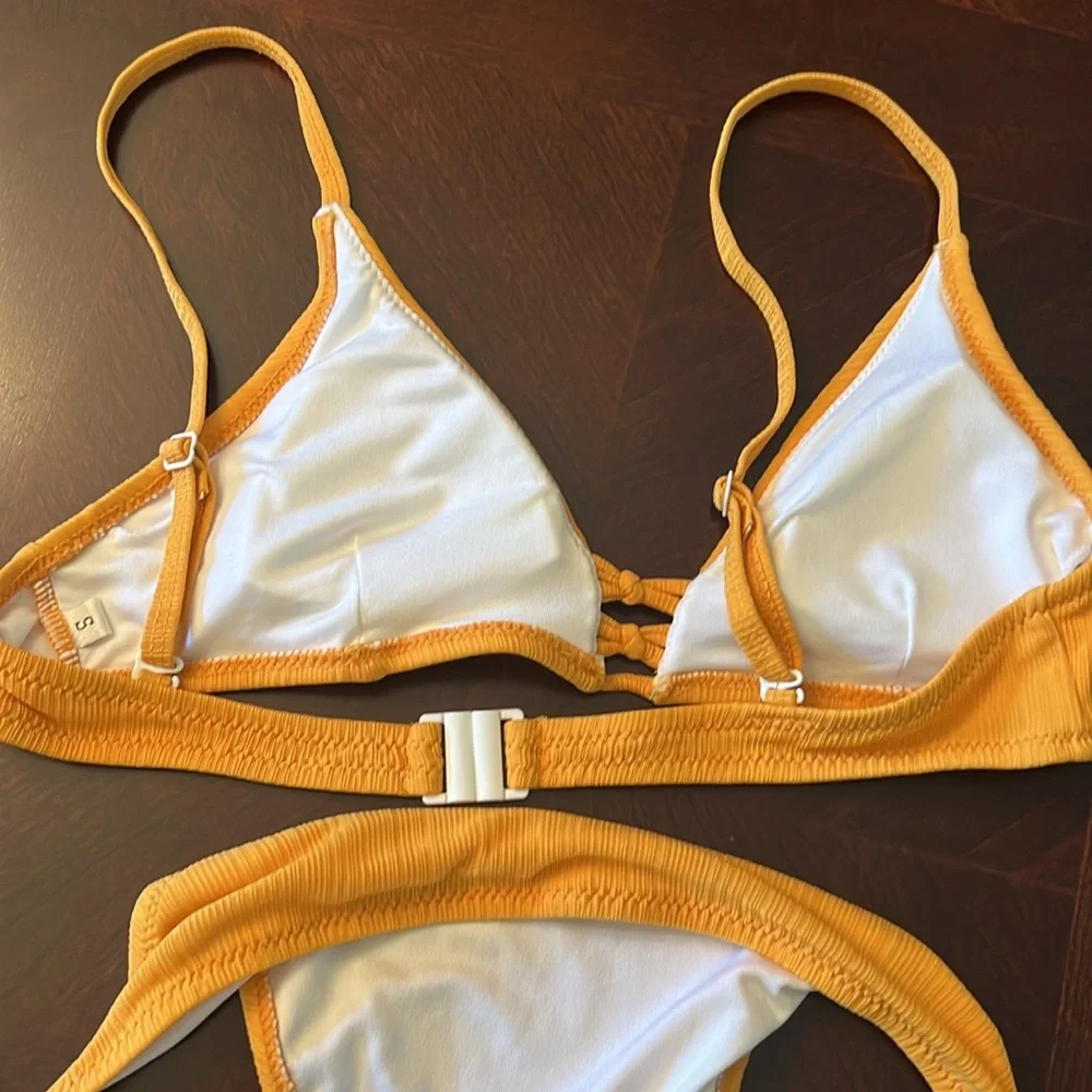 Marigold Yellow Ribbed Triangle Bikini Set Center Ladder Detail Cheeky Small - Picture 4 of 14